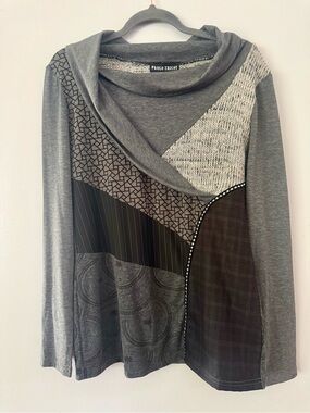 Paolo Tricot Italy Lagenlook Asymmetrical Patchwork Cowl Neck Tunic Top Gray L